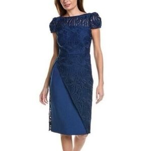 Kay Unger Zelda midi dress short cap sleeve sheath boatneck lace  blue size 2